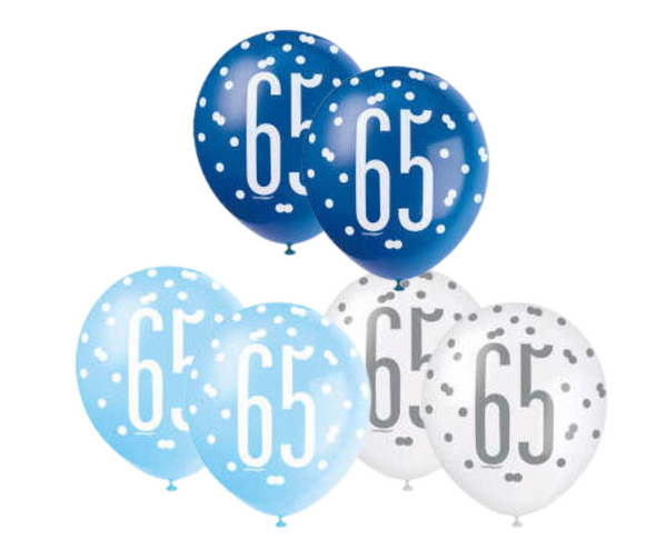 Age 65 Rose Royal Blue White Glitz Birthday Latex Balloons