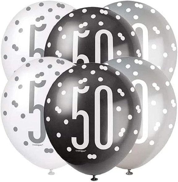 Age 50 Black Silver White Glitz Birthday Latex Balloons