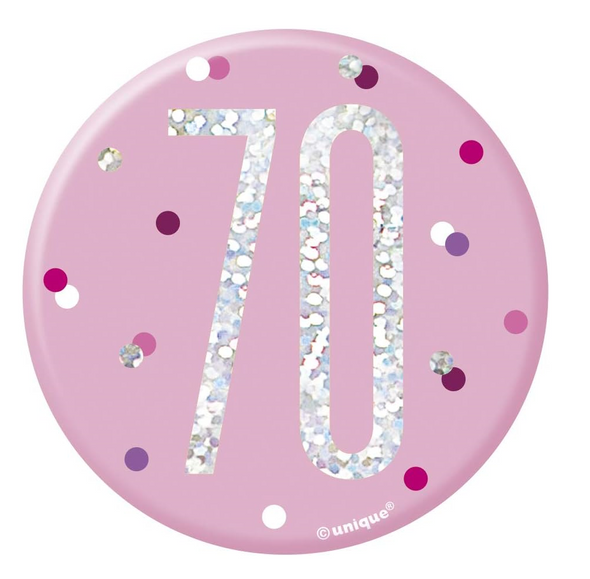 Number 70 pin on badge pink