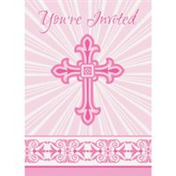 Pink Radiant Cross Invitations  8ct