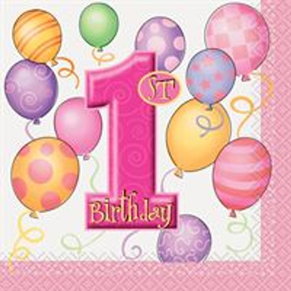 First Birthday Pink Balloons Beverage Napkins  16ct