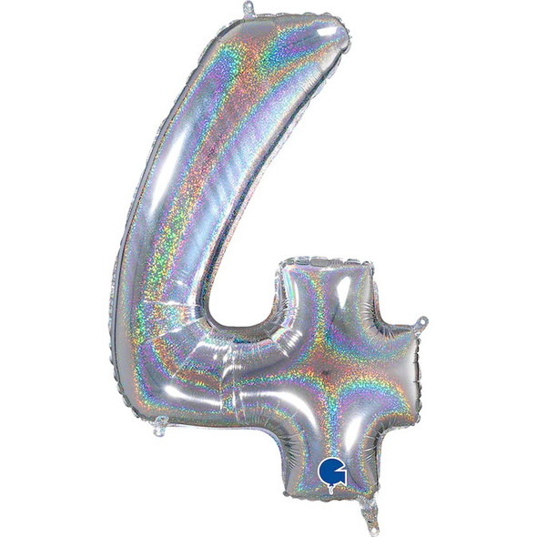 Mid-Size Number 4 Holographic Glittery Silver Foil Balloon