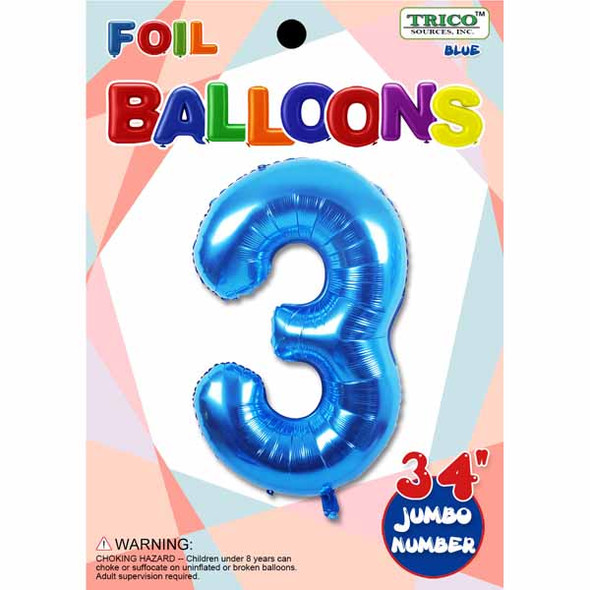 34" Blue Number 3 Supershape Decorative Foil Balloon