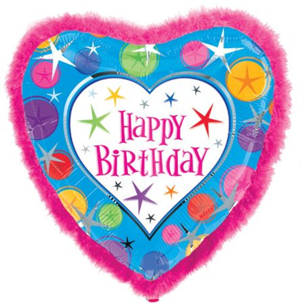 Happy Birthday Heart Balloon with Hot Pink Marabou