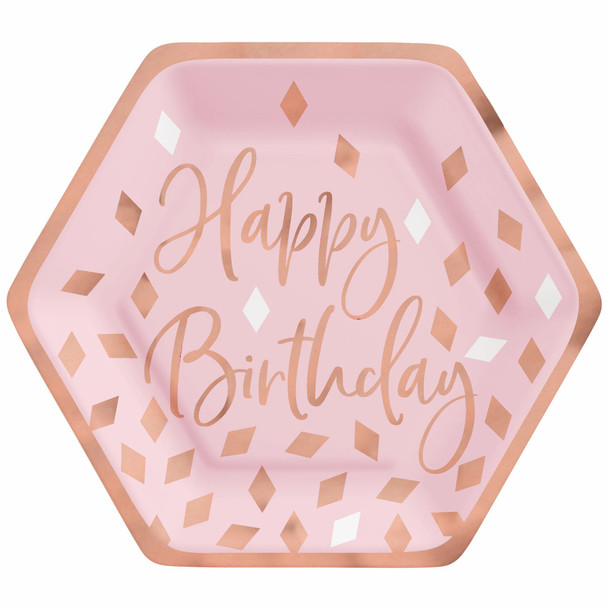 Pink Metallic Hexagon Birthday Luncheon Plate 8 Pack
