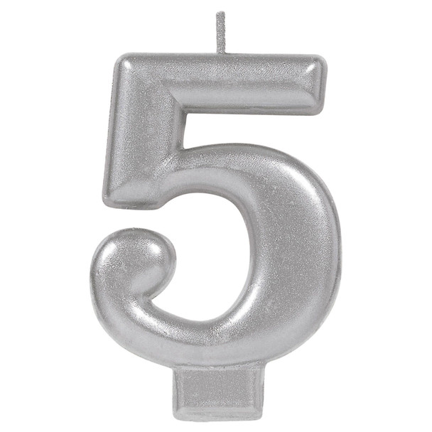 Silver Metallic Numeral Birthday Party Cake Candle #5 Number Five