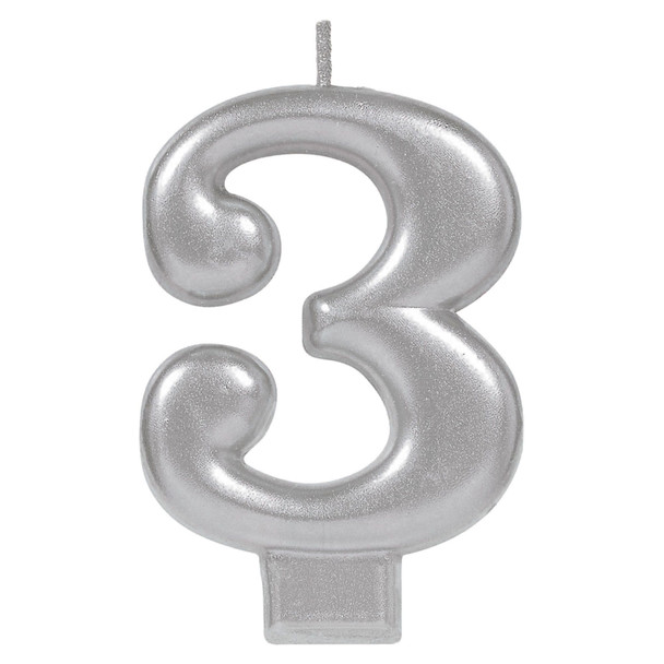 Silver Metallic Numeral Birthday Party Cake Candle #3 Number Three