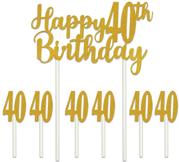 Happy 40th Birthday Gold Glitter Cake Topper 7 PCS