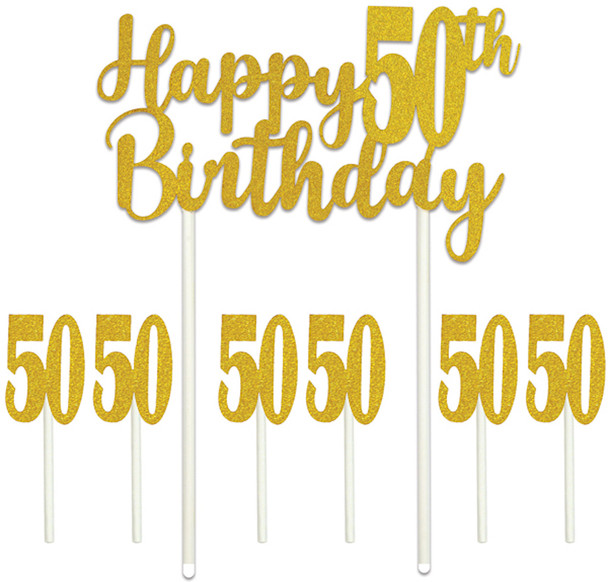 Happy 50th Birthday Party Gold Glitter Cake Topper