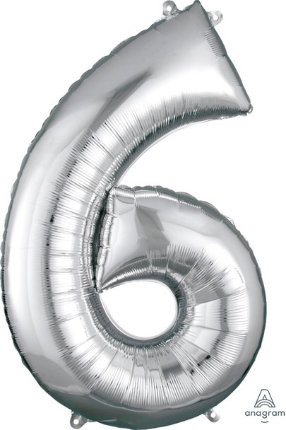 34" Silver Number 6 Supershape Decorative Foil Balloon