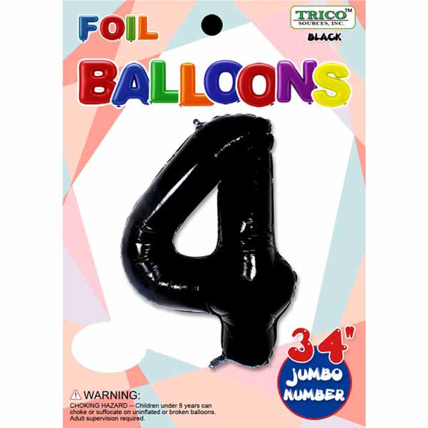 34" Black Number 4 Supershape Decorative Foil Balloon