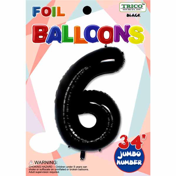 34" Black Number 6 Supershape Decorative Foil Balloon