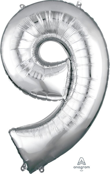 34" Silver Number 9 Supershape Decorative Foil Balloon