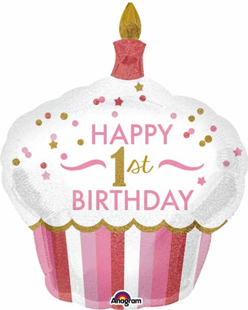 Happy 1st Birthday Jumbo Cupcake Balloon Pink