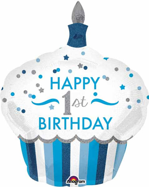 Happy 1st Birthday Blue Cupcake Round Balloon