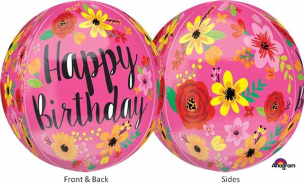 Happy Birthday Floral Orbz Balloon 4 Sided