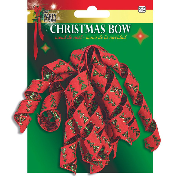 Red And Green Evergreen Trees Curly Fabric Christmas Bow