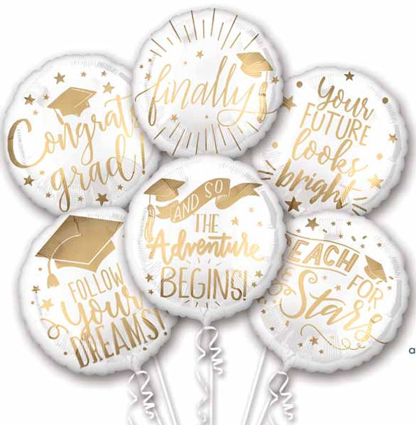 Anagram Grad Messages White And Gold Balloon Bouquet 6 Foil Balloons