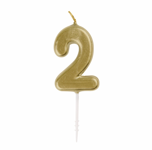 Small Gold Metallic Numeral Birthday Party Cake Candle #2 Number Two