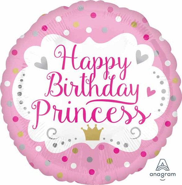 Happy Birthday Princess Pink Crown & Dots Foil Balloon