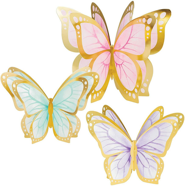 Butterfly Shimmer Party 3D Centerpieces Pretty Pastel & Gold Foil Tea Party 3/ct