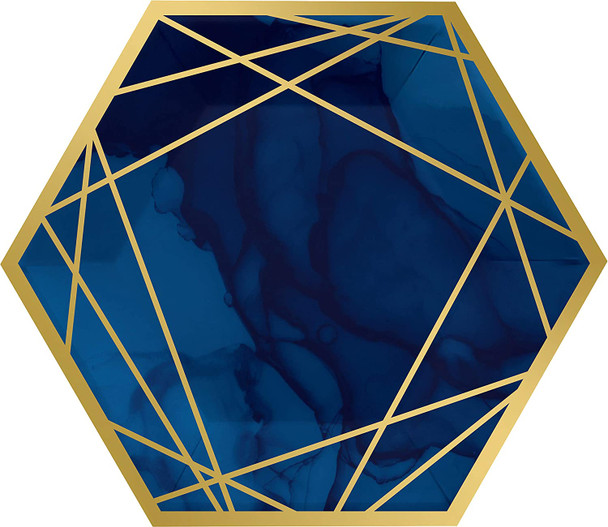 Navy Blue & Gold Foil Stamped Geode Hexagon Stripes Foil 10 Inch Plates 8/ct