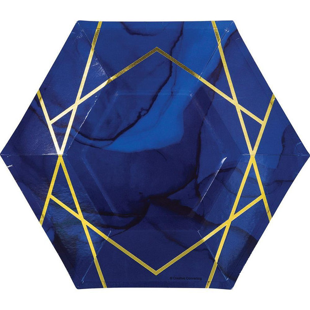 Navy Blue & Gold Foil Stamped Geode Hexagon Stripes Foil 8 Inch Plates 8/ct