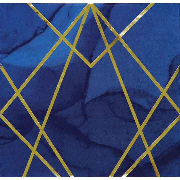 Navy Blue & Gold Foil Stamped Geode Hexagon Stripes Foil Luncheon Napkins 16/ct
