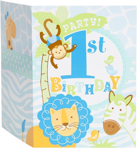 Blue Safari 1st Birthday Invitations  8ct