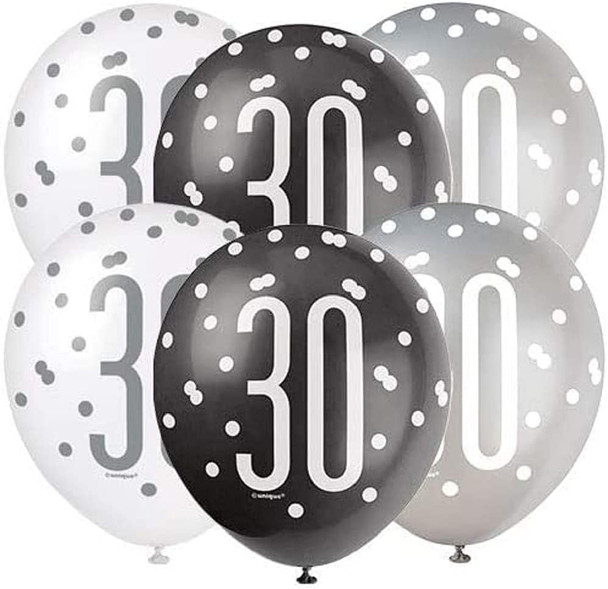 Age 30 Black Silver White Glitz Birthday Latex Balloons