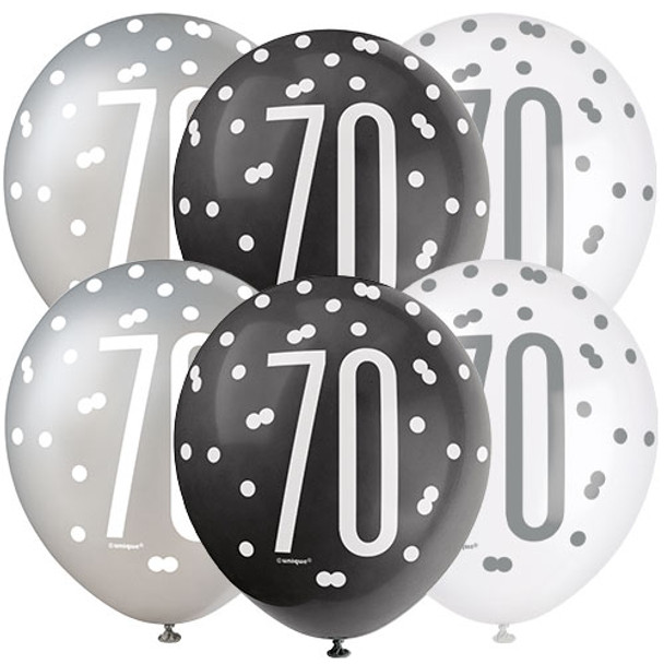 Age 70 Black Silver White Glitz Birthday Latex Balloons