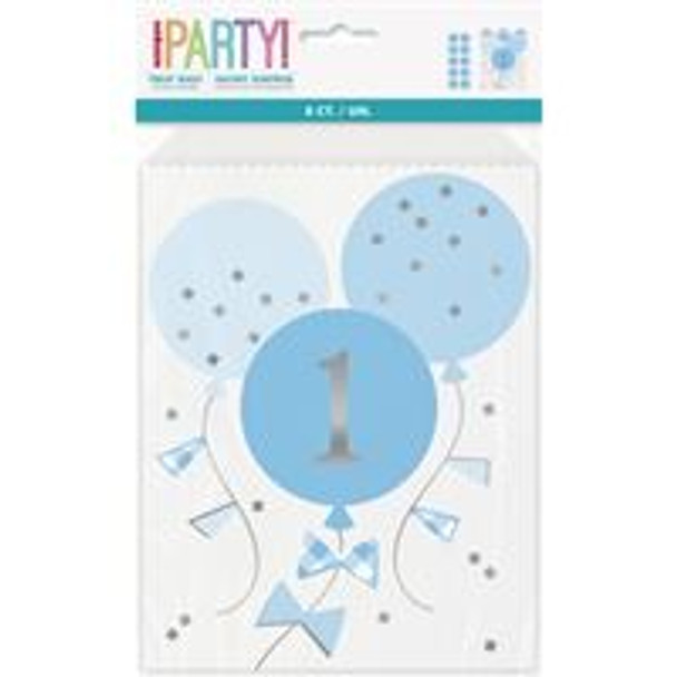 Blue Gingham 1st Birthday Paper Treat Bags  8ct