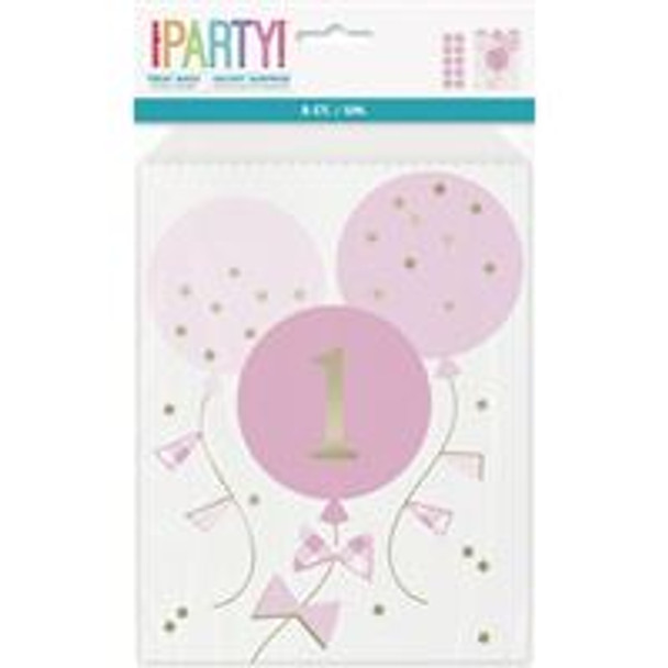 Pink Gingham 1st Birthday Paper Treat Bags  8ct