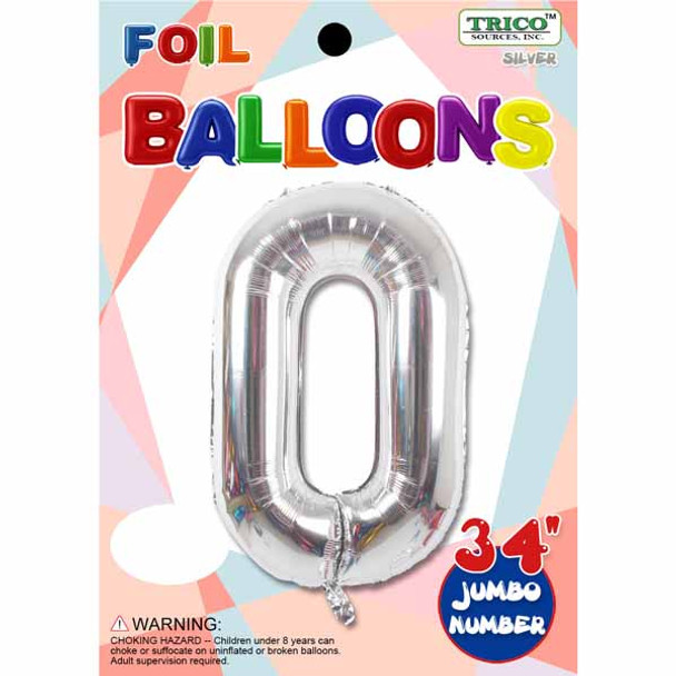 34" Silver Number 0 Supershape Decorative Foil Balloon