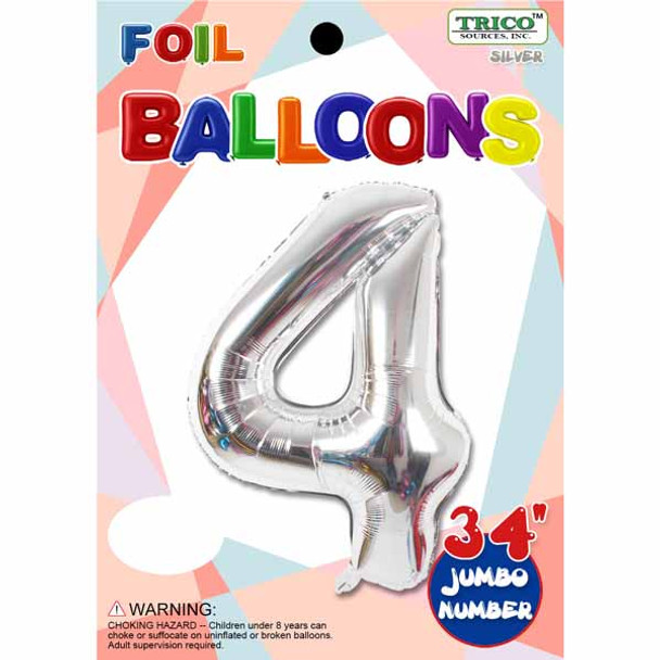 34" Silver Number 4 Supershape Decorative Foil Balloon