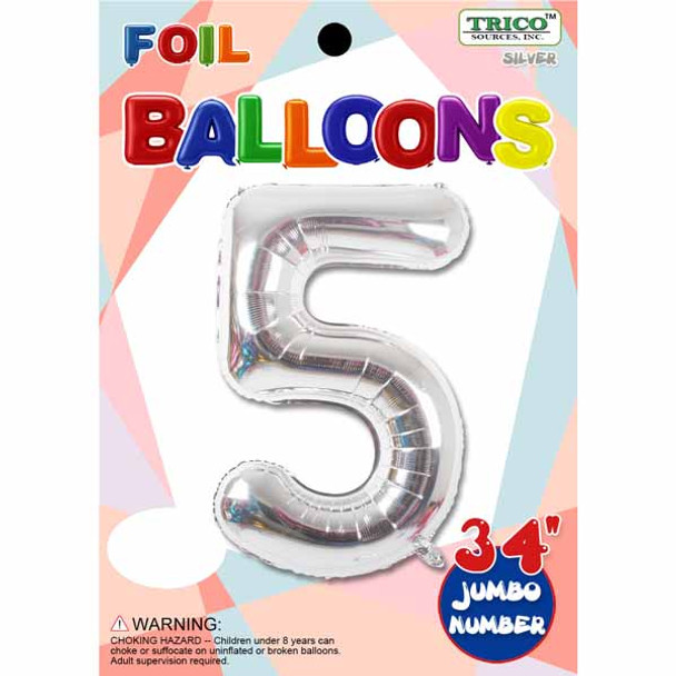 34" Silver Number 5 Supershape Decorative Foil Balloon