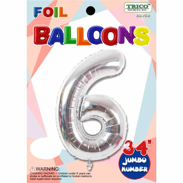 34" Silver Number 6 Supershape Decorative Foil Balloon