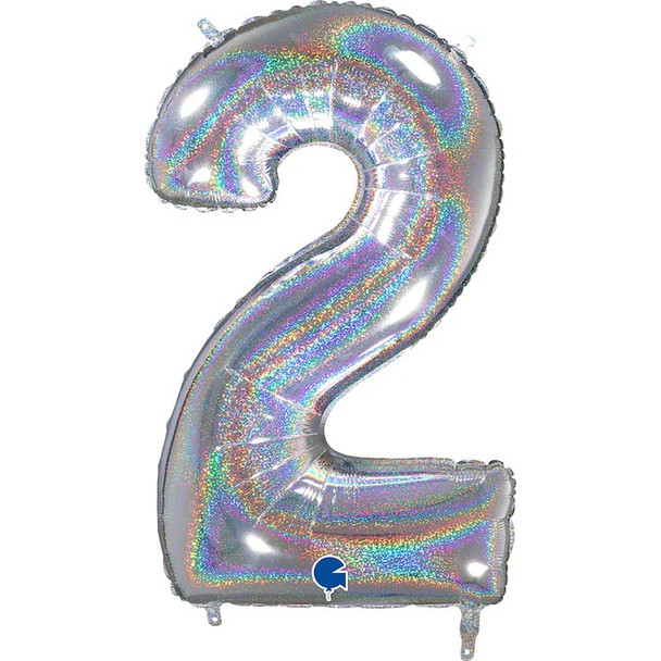 Mid-Size Number 2 Holographic Glittery Silver Foil Balloon