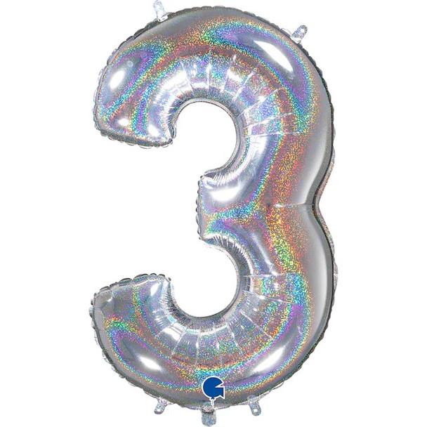 Mid-Size Number 3 Holographic Glittery Silver Foil Balloon