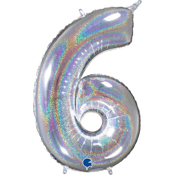 Mid-Size Number 6 Holographic Glittery Silver Foil Balloon