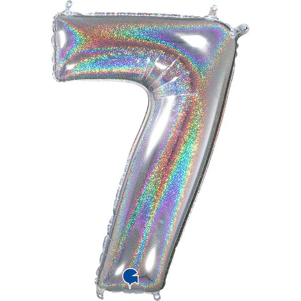 Mid-Size Number 7 Holographic Glittery Silver Foil Balloon