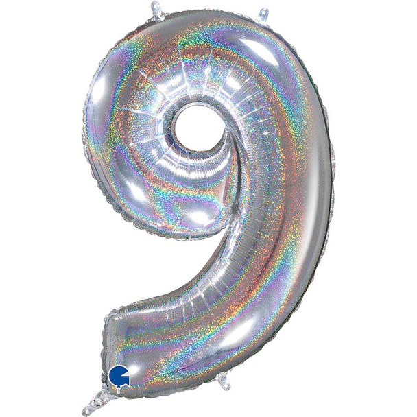 Mid-Size Number 9 Holographic Glittery Silver Foil Balloon