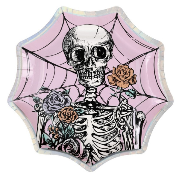 Spiderweb shaped skeleton roses paper plates