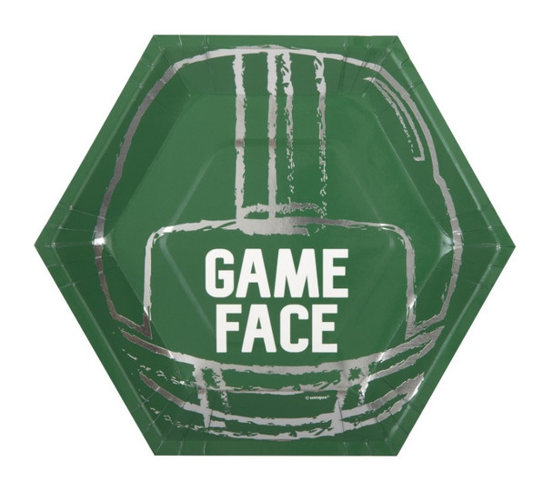 Football Toss "Game Face" Hexagon Shaped 9.25" Dinner Plates  8ct - Foil Stamping