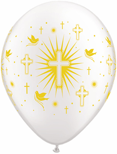 11" Cross & Doves Gold Print Latex Balloons