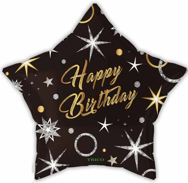 Happy Birthday Star Black Gold Silver 18"Foil Balloon