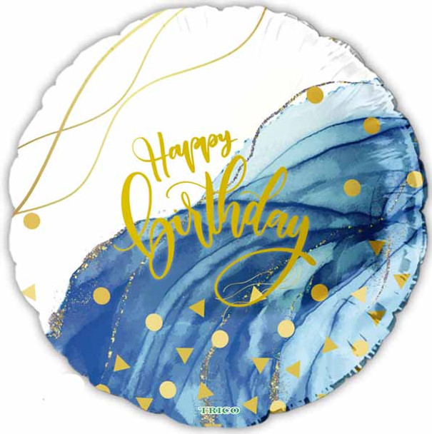 18" Happy Birthday Gold & Blue Round Foil Balloon