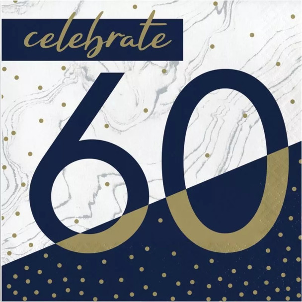 Navy & Gold Milestone 60th Birthday Lunch Napkins Paper 6.5" x 6.5" 16/CT