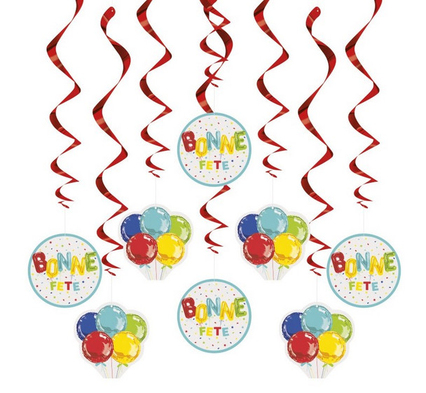 Bright Bonne Fête Hanging Swirl Decorations 32" 8/CT