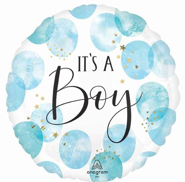 It's A Boy! Baby Blue Water Color 18" Round Foil Balloon